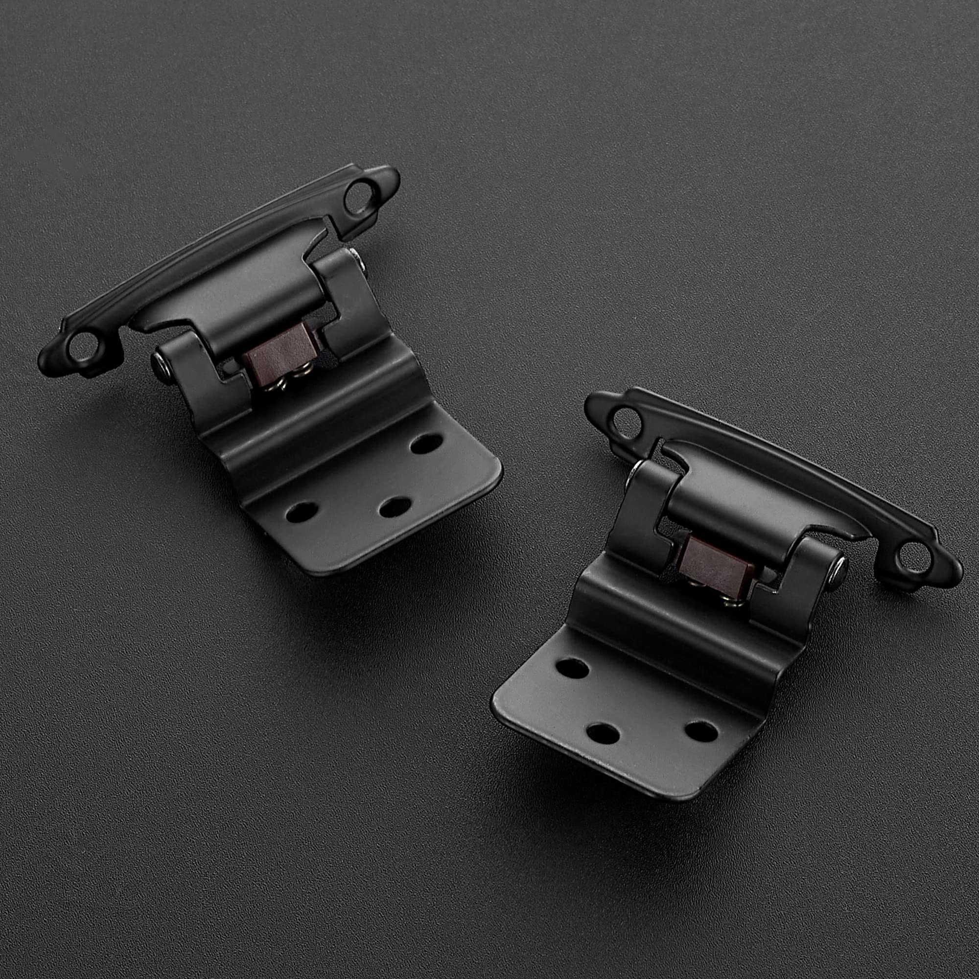 Ravinte matte black hinge demonstrating quiet self-closing action for kitchen and bath.