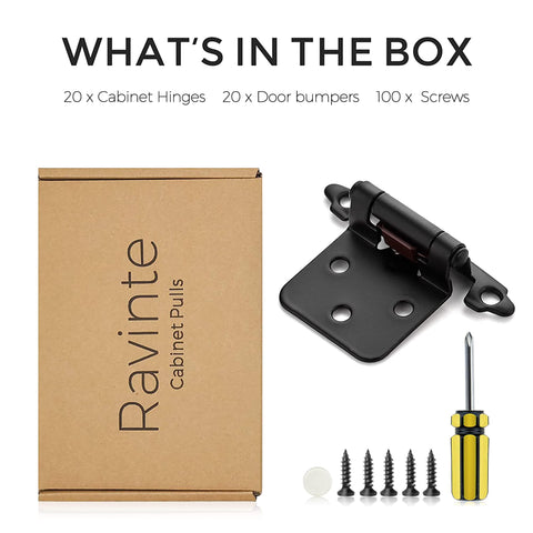 Ravinte self-closing hinges with springs and bumpers reduce door slams for quieter kitchens