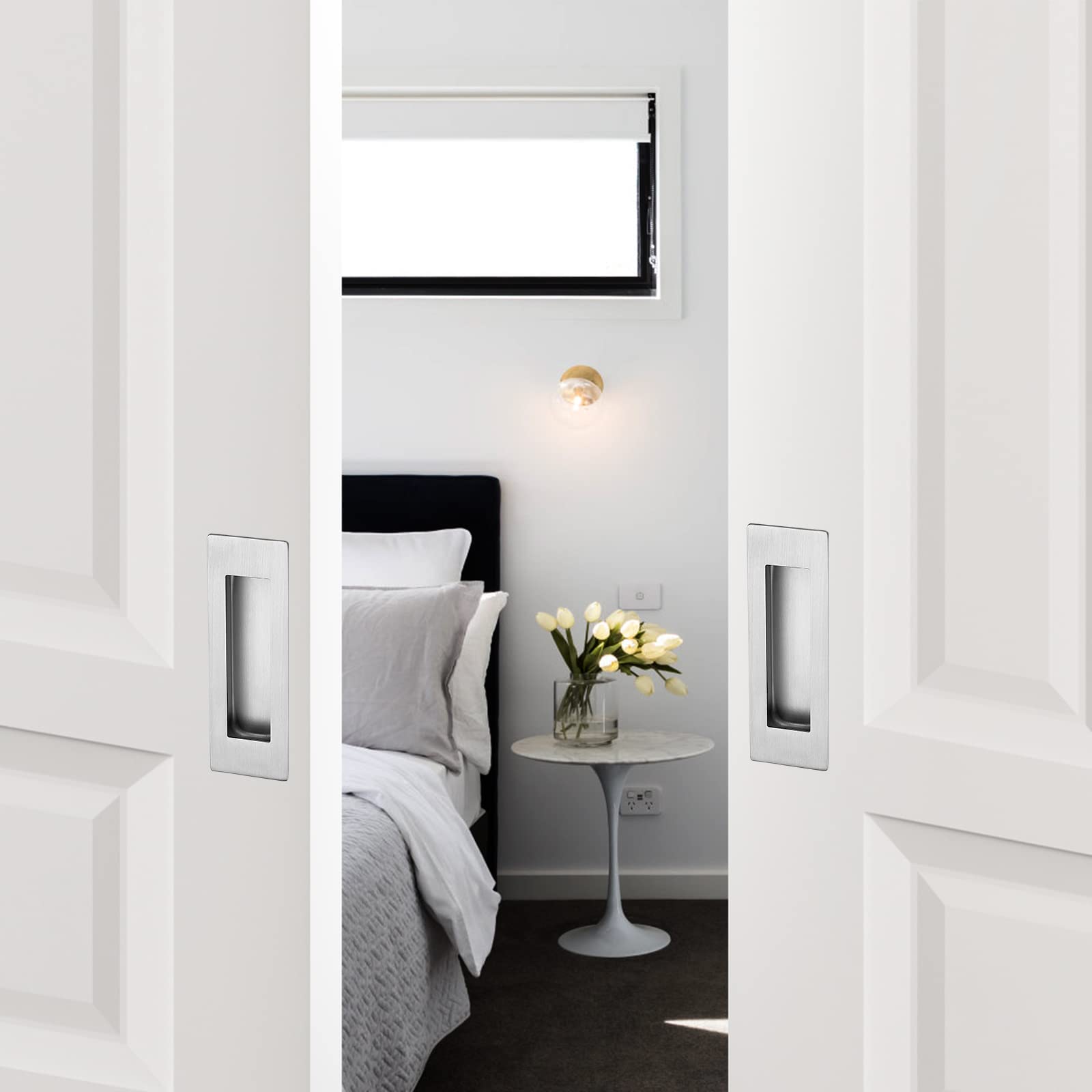 Ravinte sliding barn door handle in-use on a modern interior for guided operation.