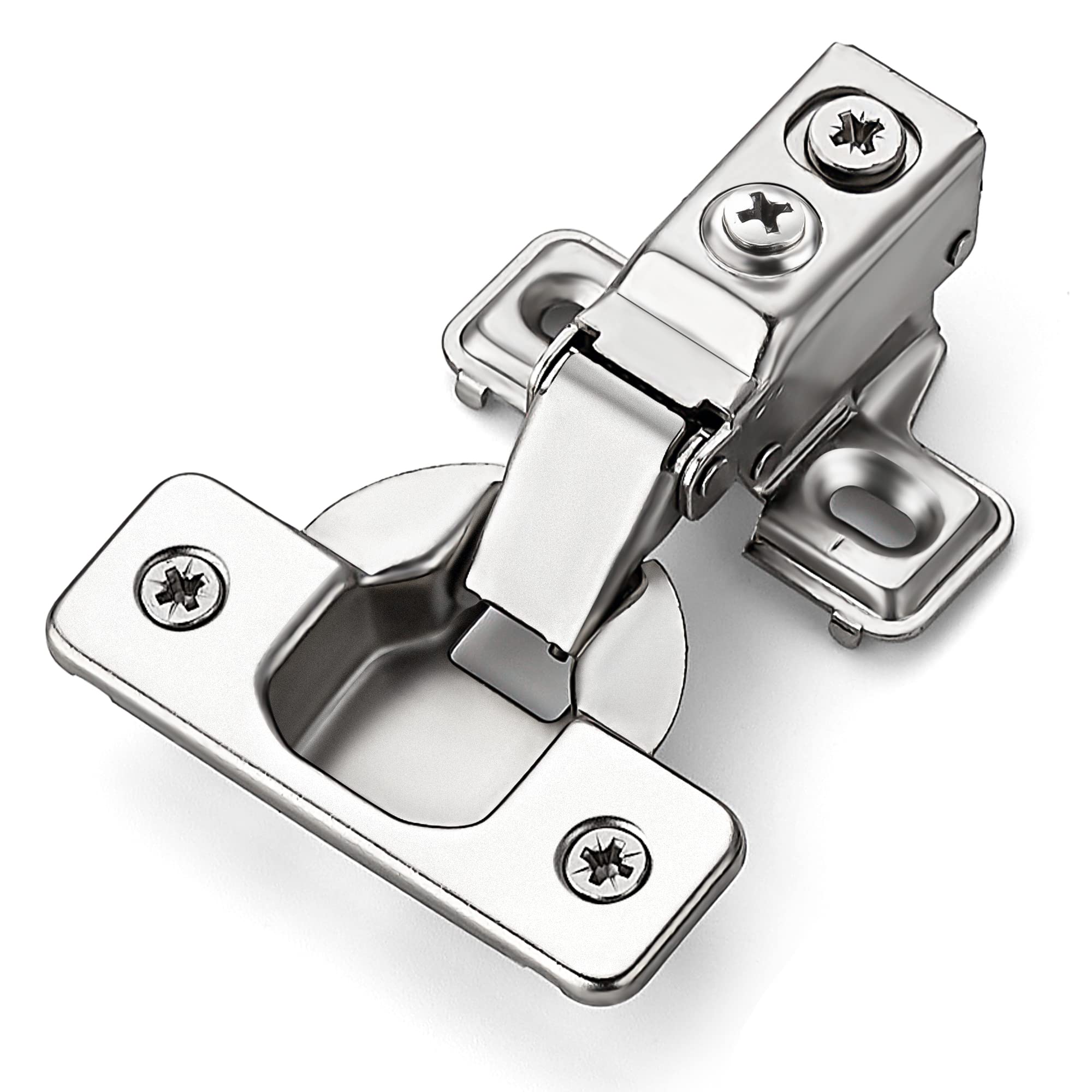 Ravinte soft-close hinge with 105-degree opening in brushed nickel, for smooth kitchen cabinet doors.