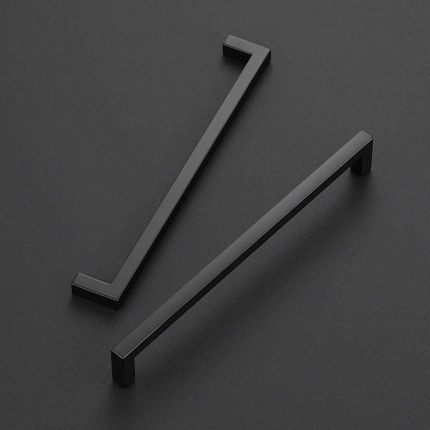 Ravinte 10-pack flat-black drawer pulls, side view, complements modern kitchen aesthetics.