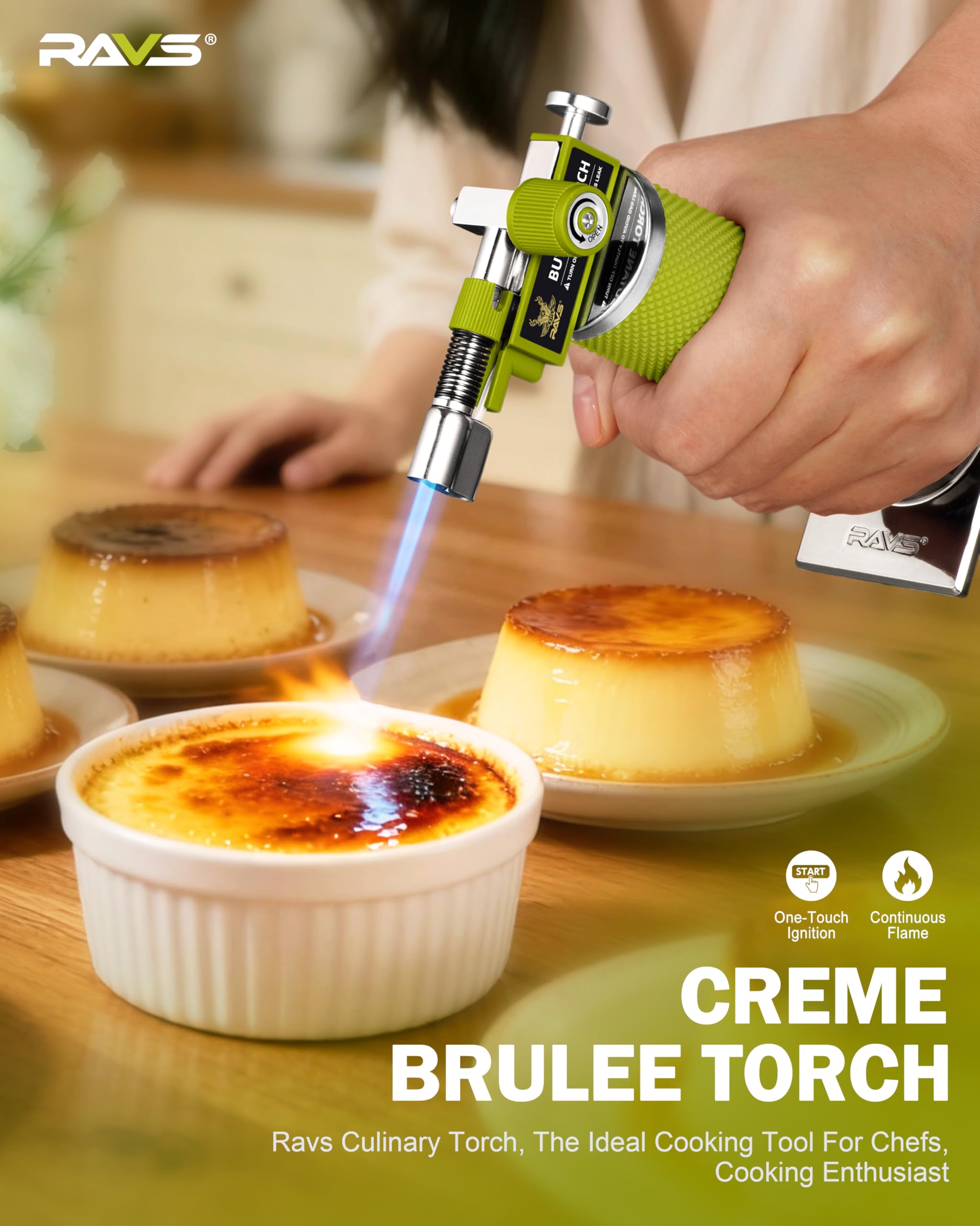 RAVS adjustable flame control torch allows precise flame size settings.