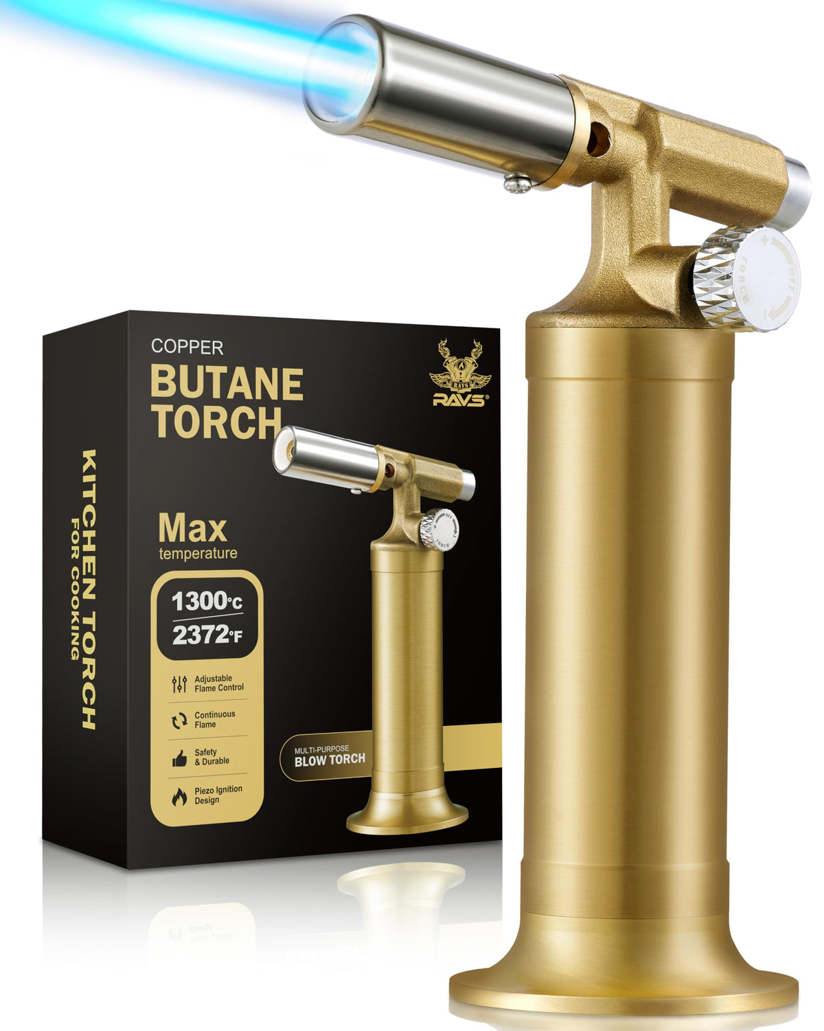 RAVS copper torch with a stable base stand for safe hands-free operation.