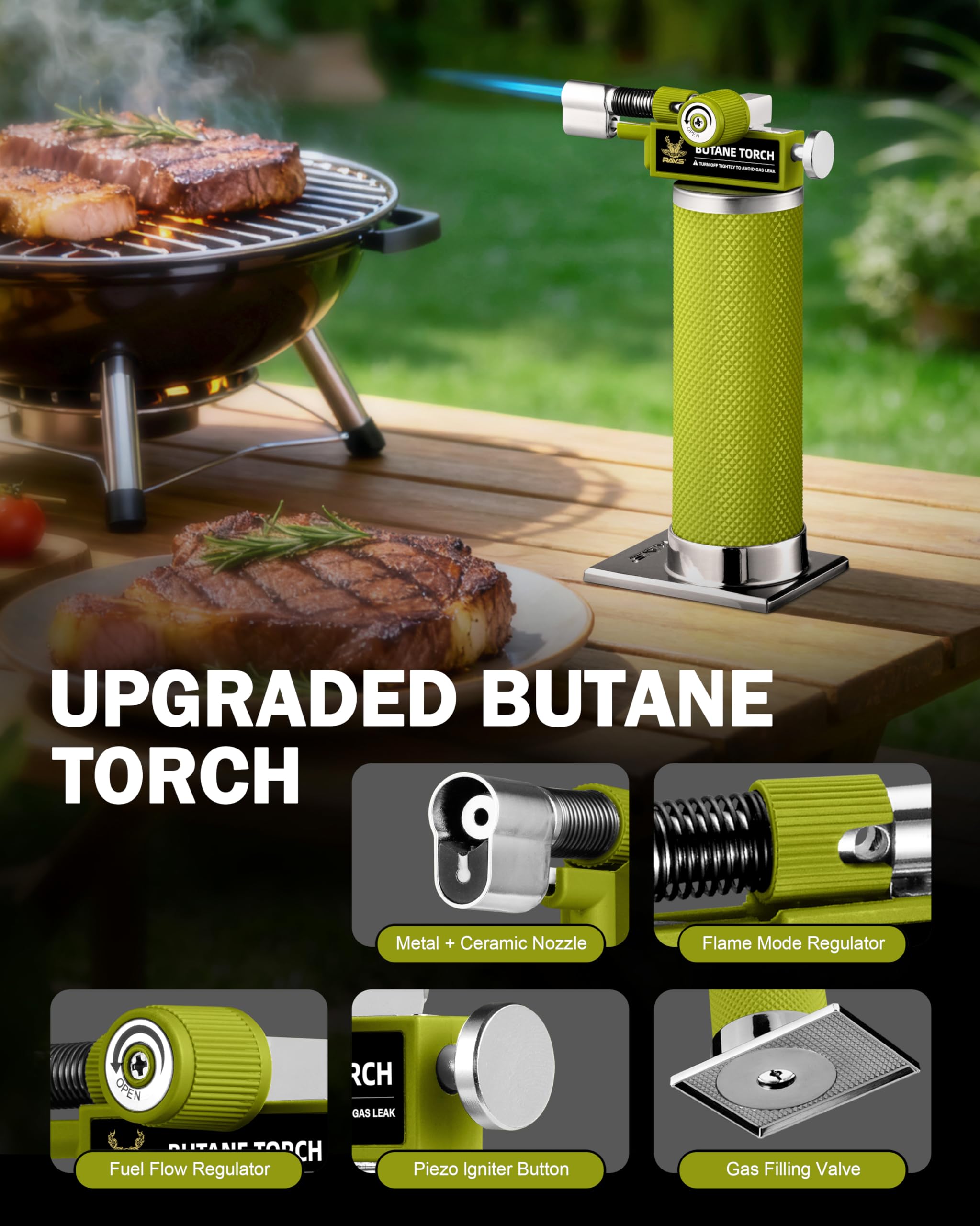 RAVS piezo ignition torch with one-handed start for fast ignition.