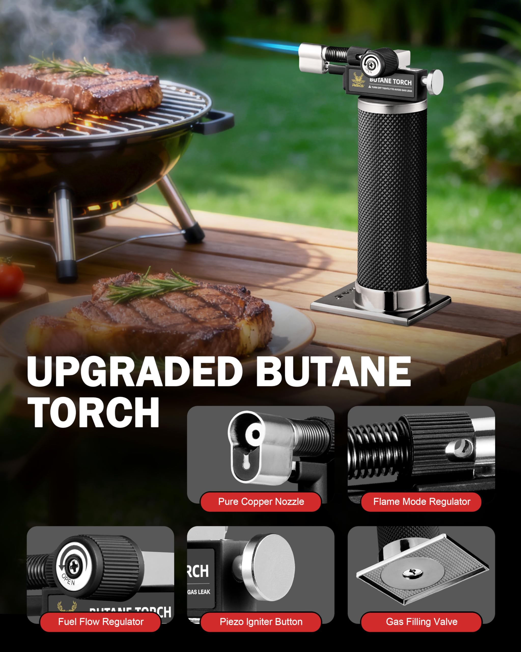 RAVS gourmet cooking torch for browning and searing with control