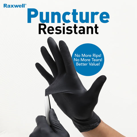 Raxwell black nitrile gloves, 6.5 mil, puncture-resistant for tough jobs.