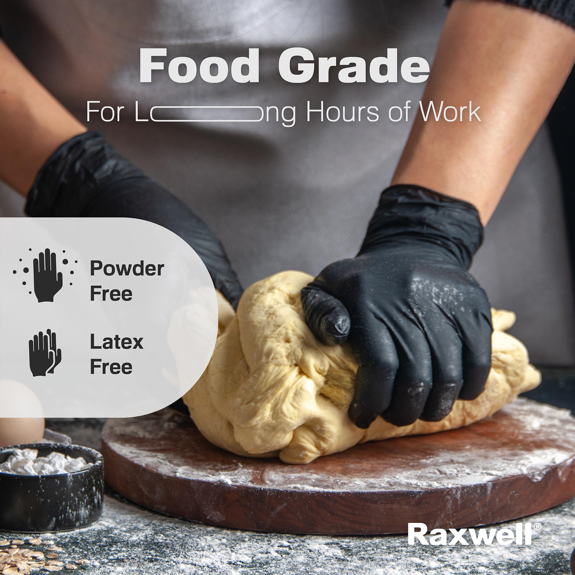 Raxwell 4.5 mil nitrile gloves provide durable protection.