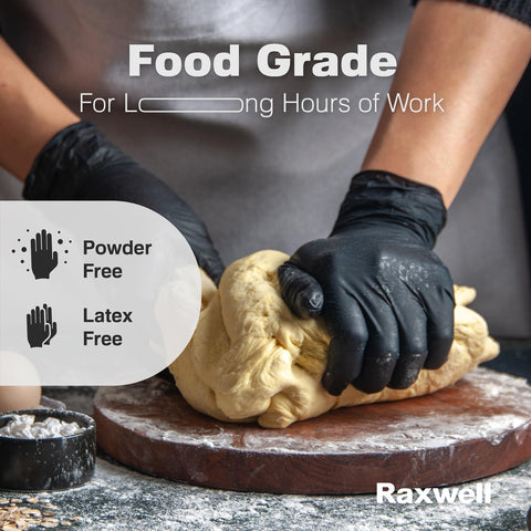 Raxwell 4.5 mil nitrile gloves provide durable protection.