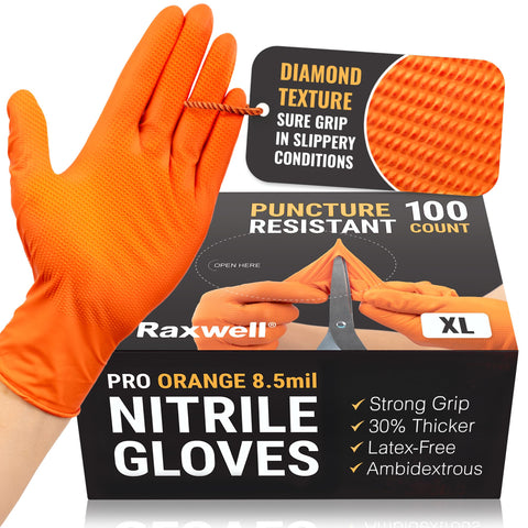 Raxwell nitrile gloves orange with diamond texture for enhanced grip in oily conditions.