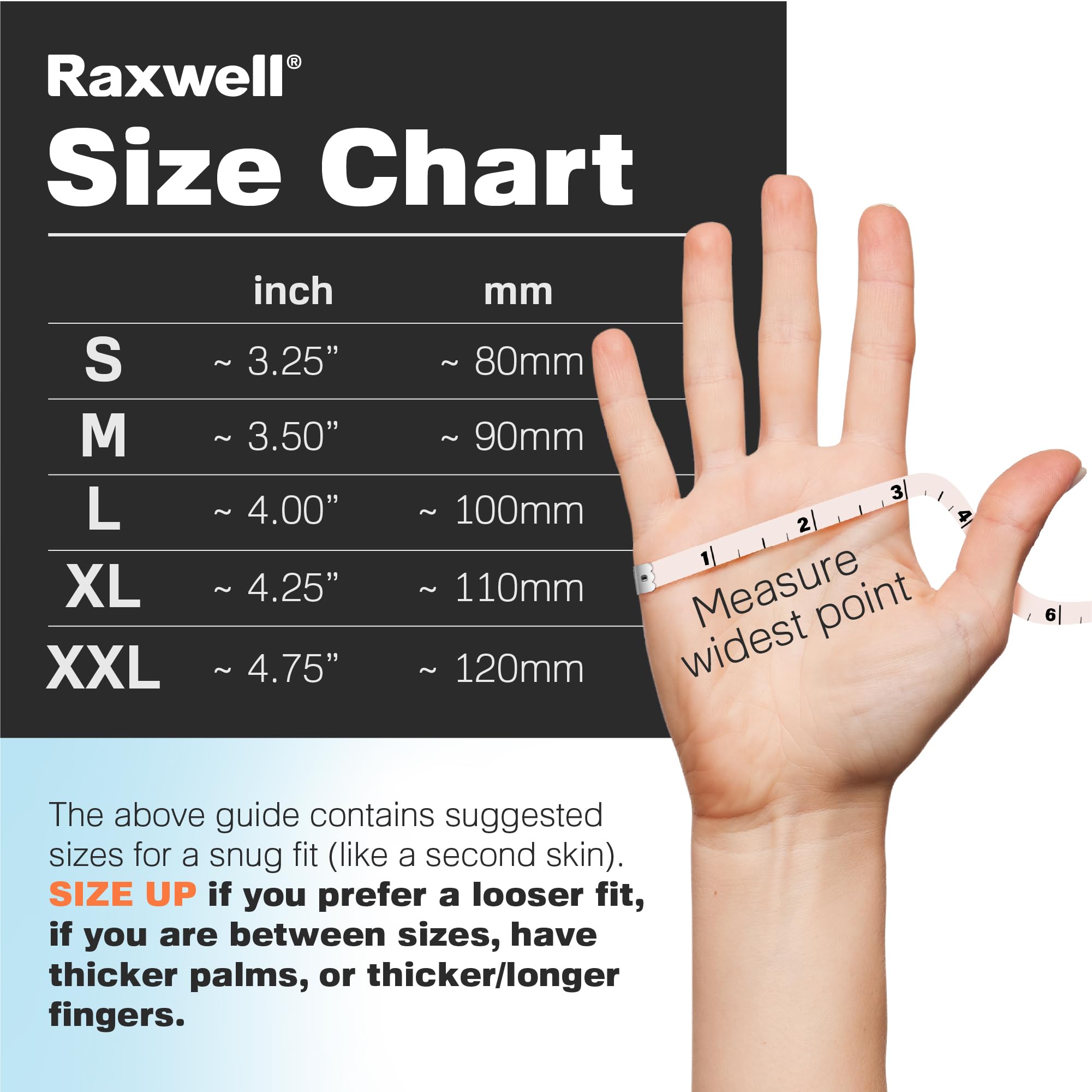 Latex-free Raxwell nitrile gloves suitable for sensitive skin and daily use.