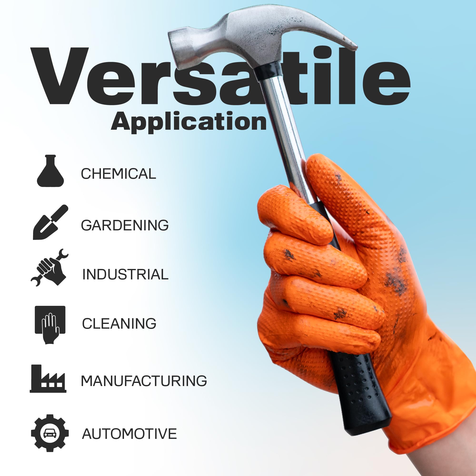 Raxwell orange nitrile gloves favored by mechanics and industrial workers.
