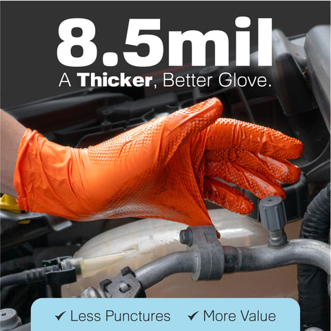 Raxwell orange nitrile gloves providing high visibility in low-light workspaces.