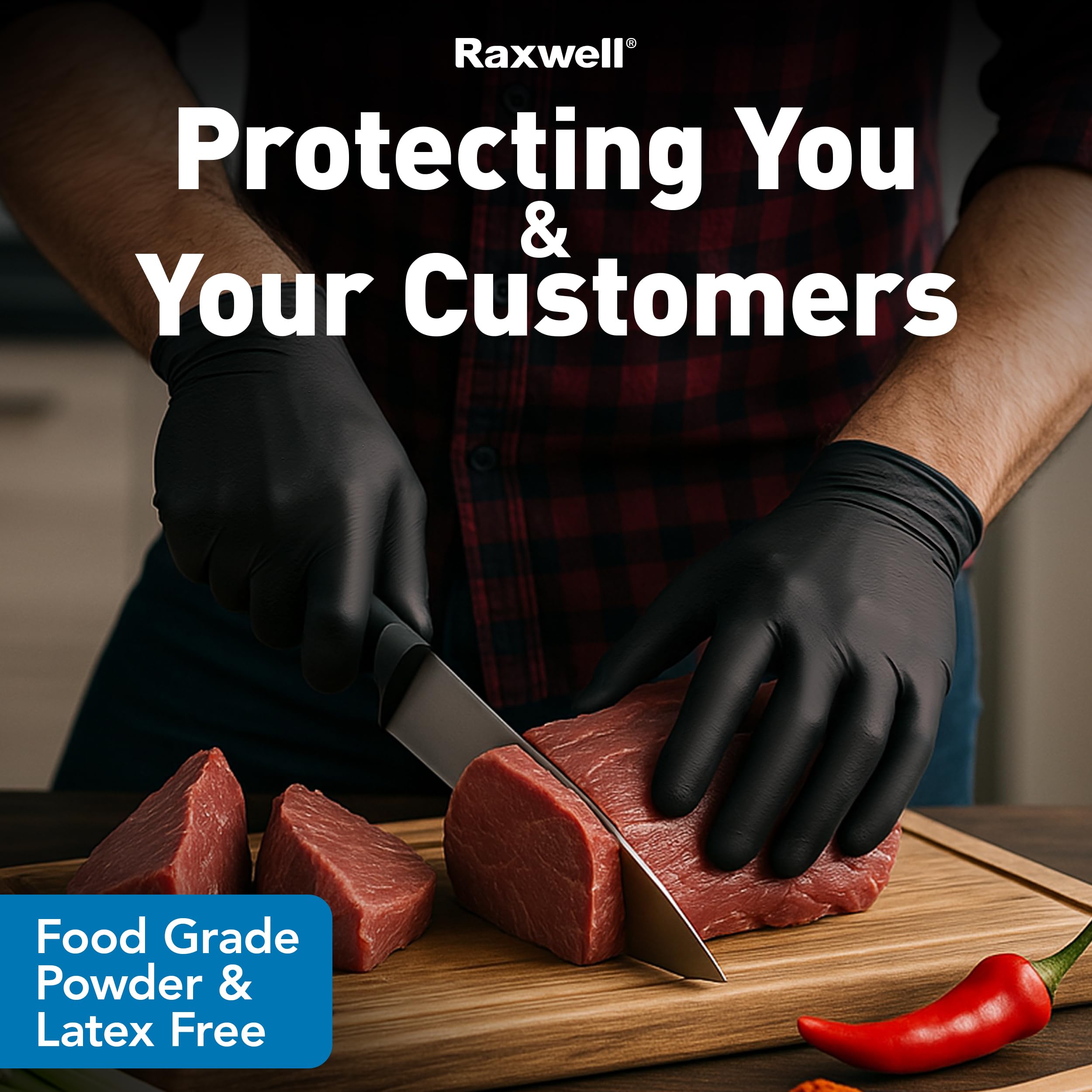 Raxwell powder-free gloves in small black to minimize residue.