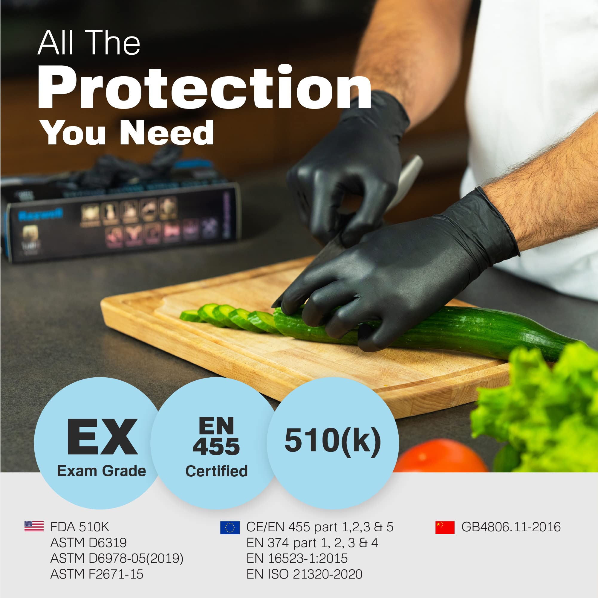 Raxwell black nitrile gloves suited for barber and cosmetology tasks.