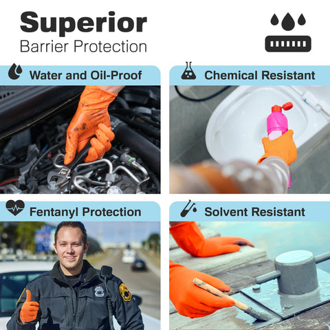 Raxwell nitrile gloves with touch-screen compatibility for device use.
