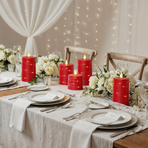 Raycare red candles enhance wedding and Christmas decor