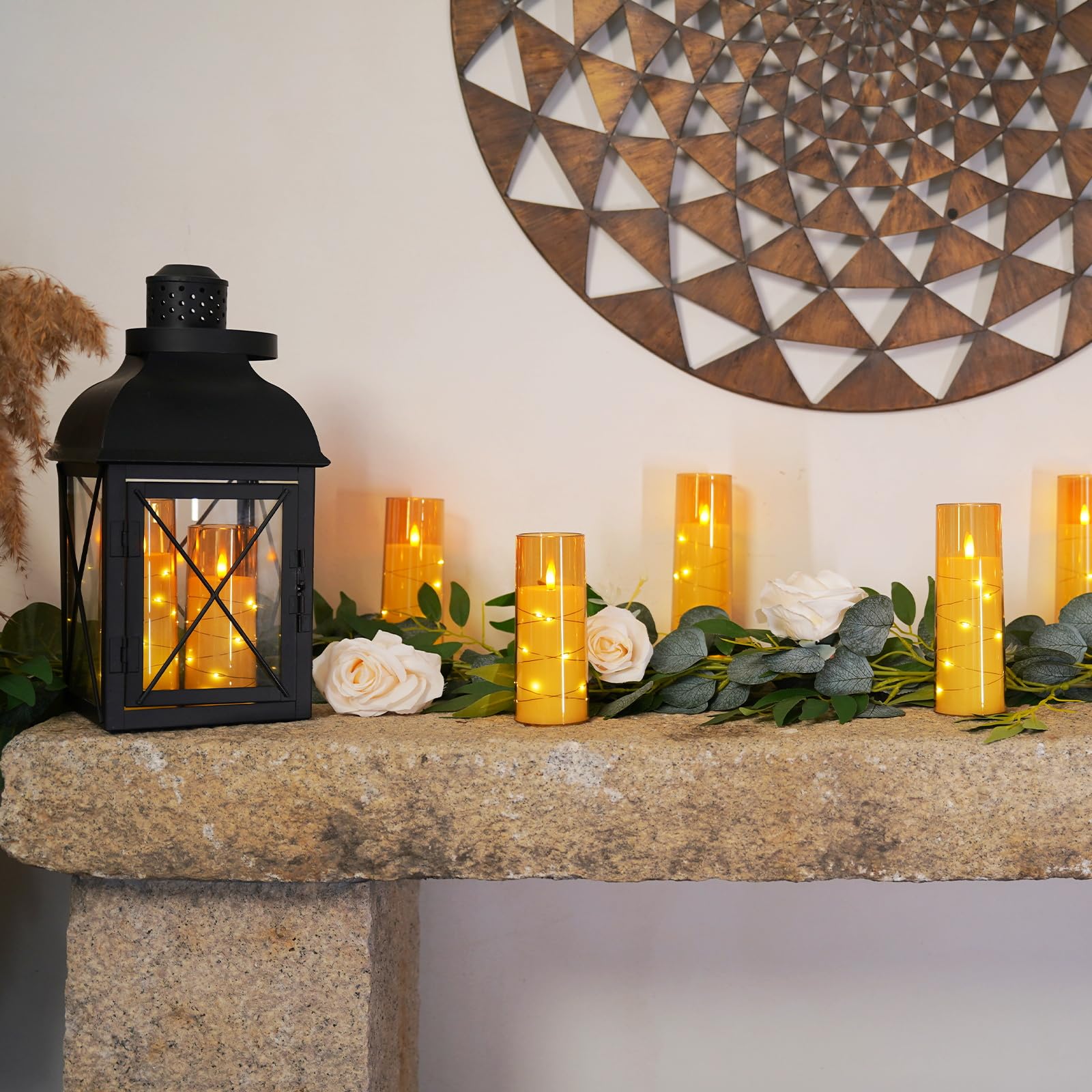 Raycare 7 inch flameless candle adds height to decor setups.