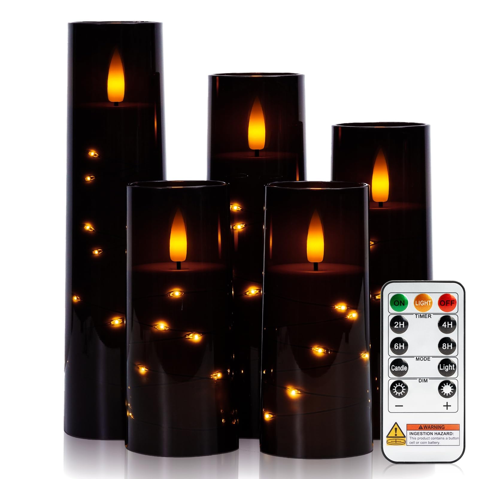 Raycare flameless candle with embedded star string for cozy ambience and events.