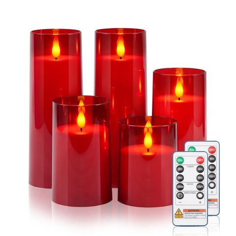 Raycare flameless candles red set of five, front view with warm ambient glow.