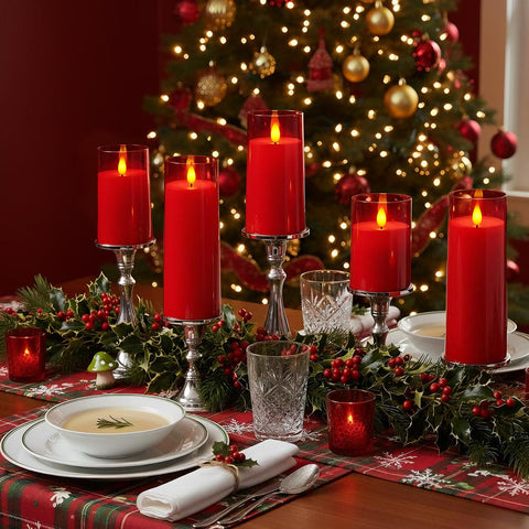 Raycare flameless candles red set of five, lit ambience on a tabletop centerpiece.