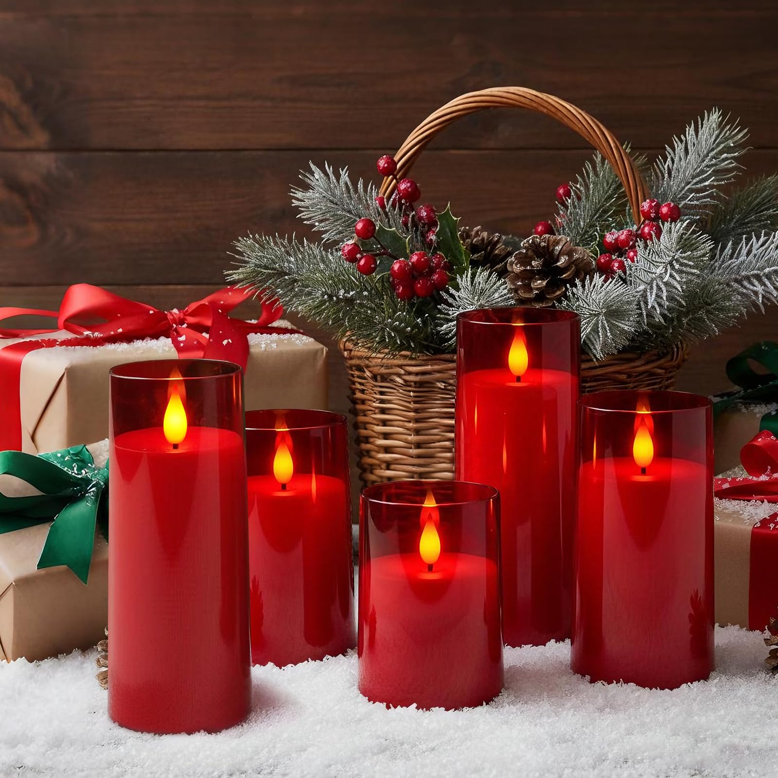 Raycare flameless candles red set of five, AA battery powered for long use.