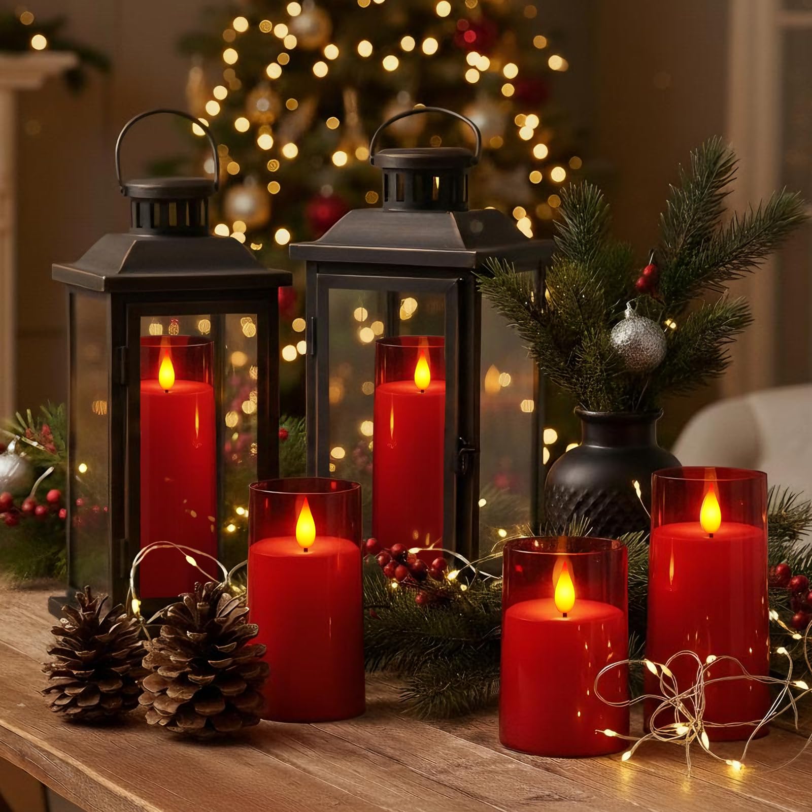 Raycare flameless candles red set of five, remote control used for adjustable modes.