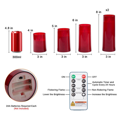 Raycare flameless candles red set of five, close-up on 3D wick and flicker effect.