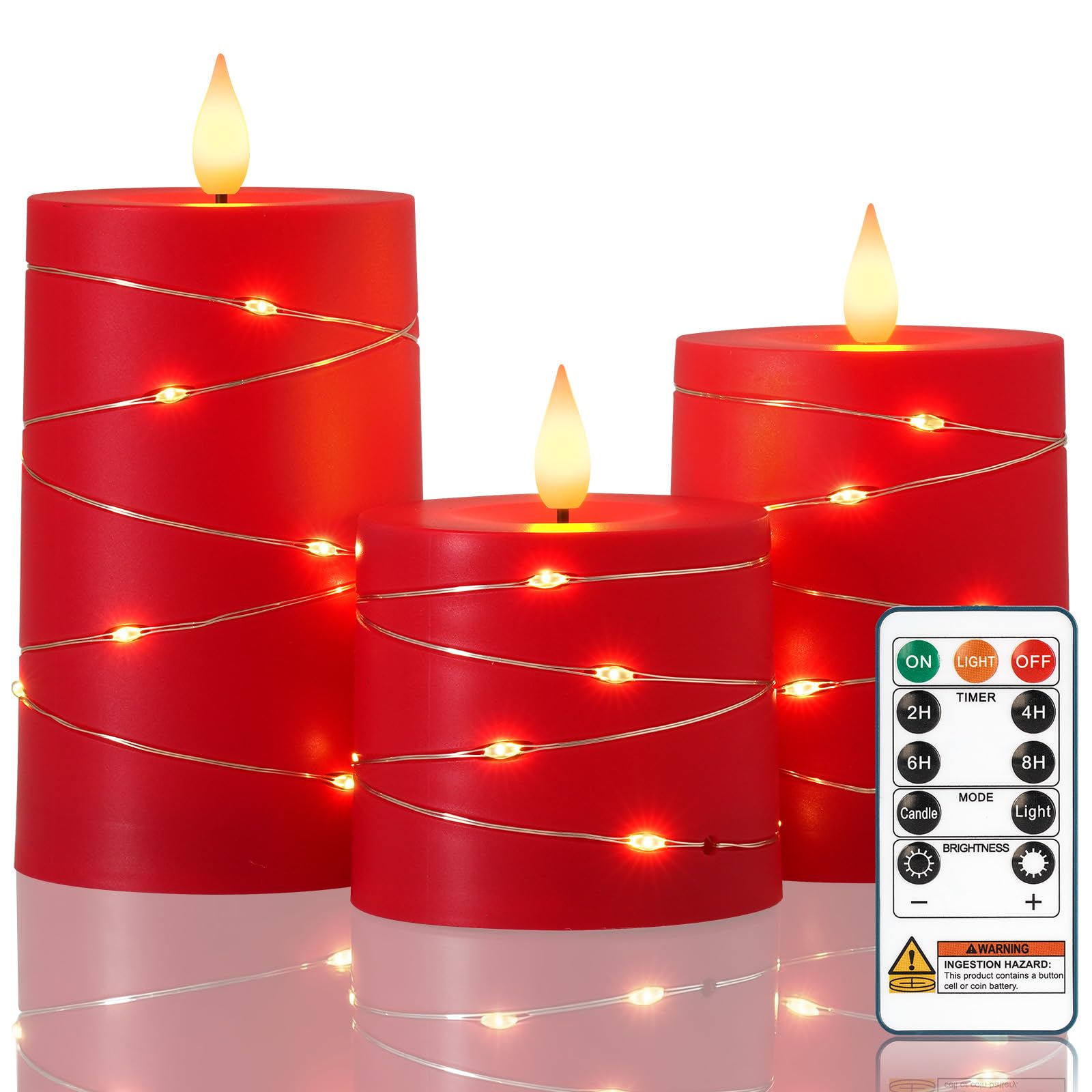 Raycare flameless red LED pillar candles with remote timer for cozy ambiance