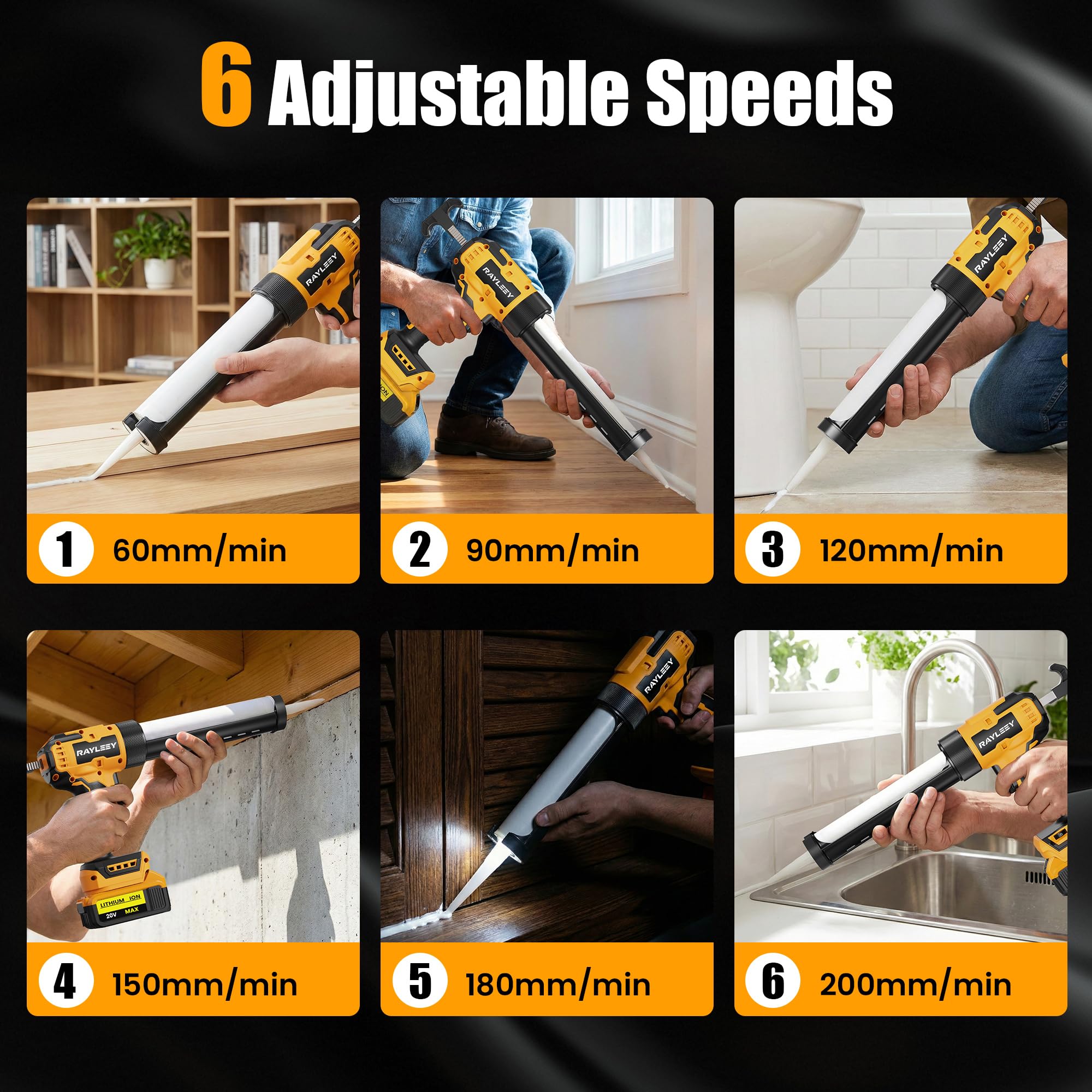 RAYLEEY caulking gun compatible with Dewalt 20V batteries.