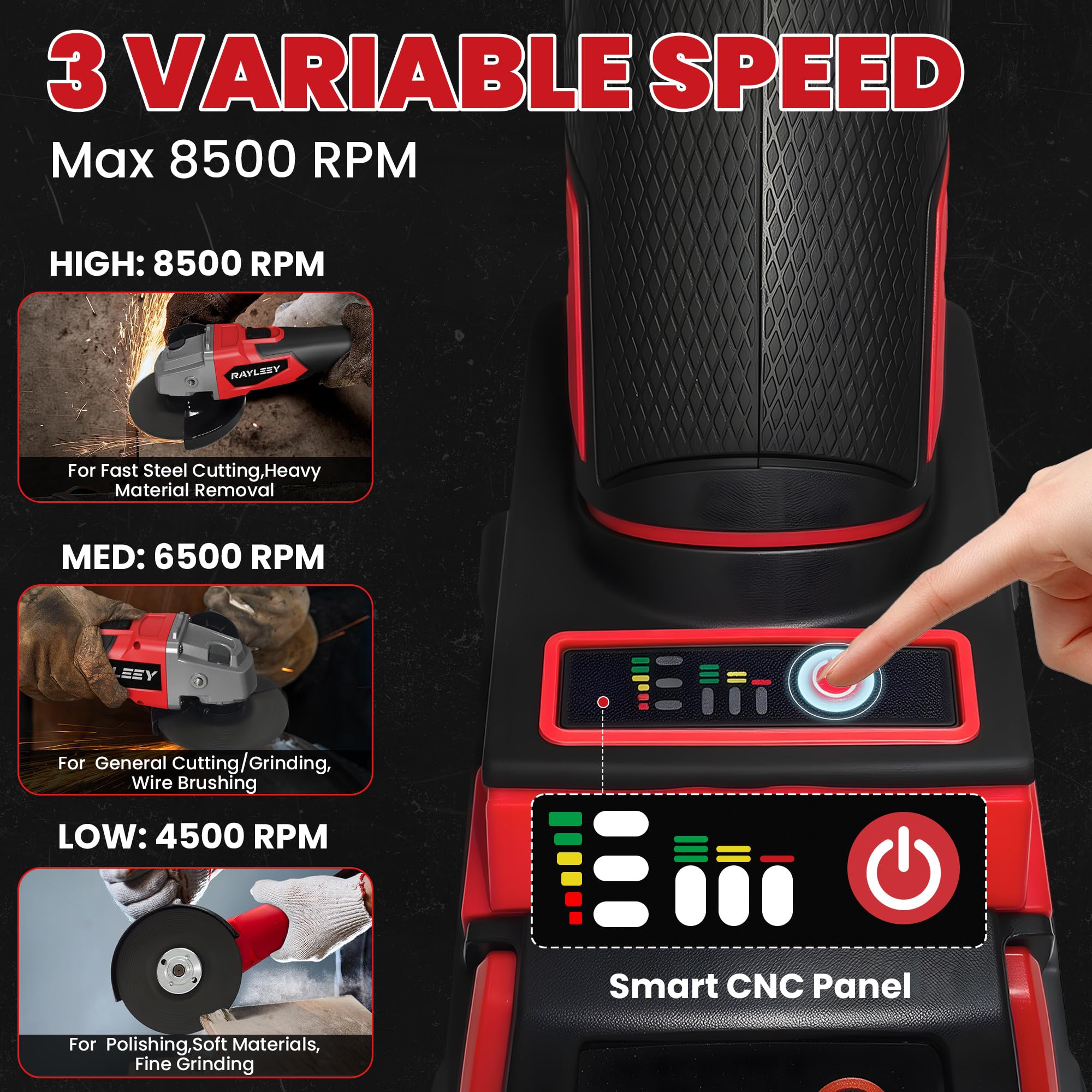 RAYLEEY brushless motor delivers up to 8500 RPM for efficient material removal.