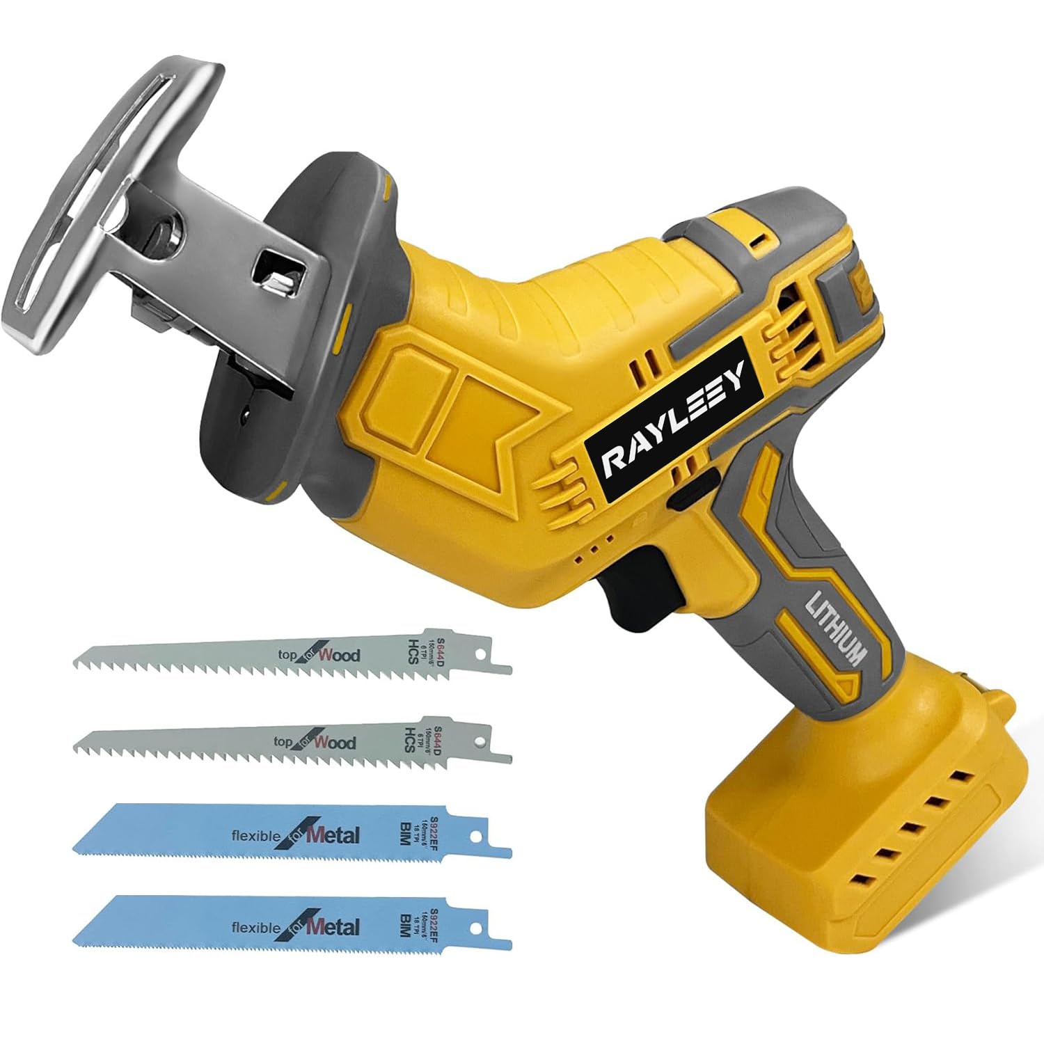 Rayleey cordless reciprocating saw demonstrating Dewalt 20V Max compatibility for cordless cutting
