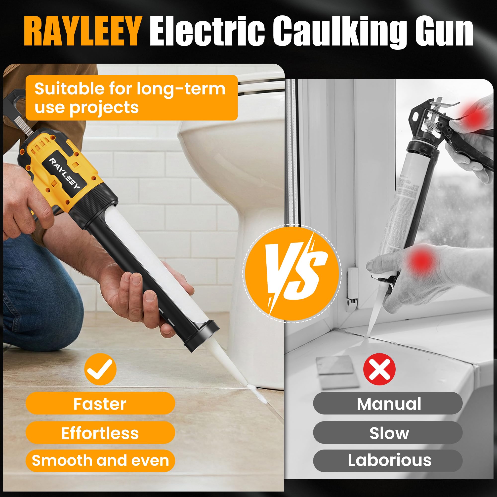 RAYLEEY electric caulking gun nozzle close-up showing precise control.