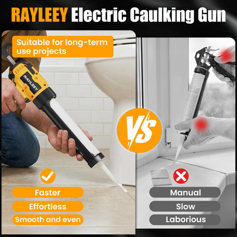 RAYLEEY electric caulking gun nozzle close-up showing precise control.