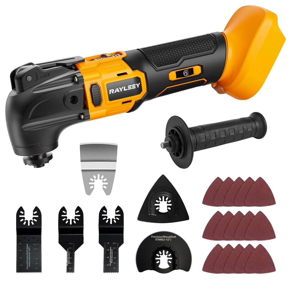 Rayleey oscillating tool kit package showing the complete 22-piece set for versatile tasks.