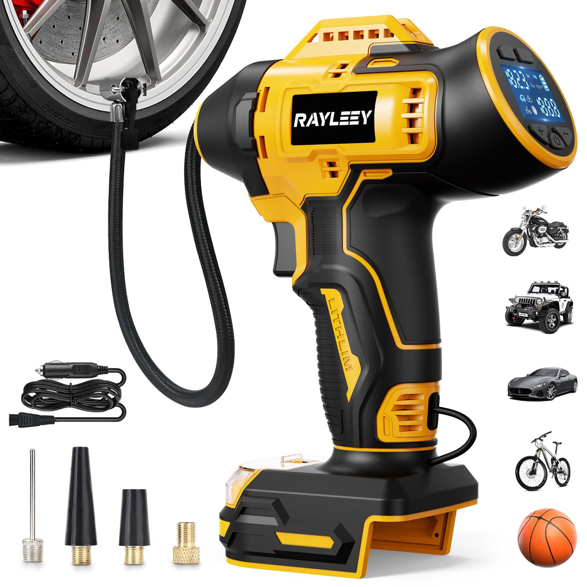 Rayleey tire inflator cordless compact design for easy on-the-go inflation.