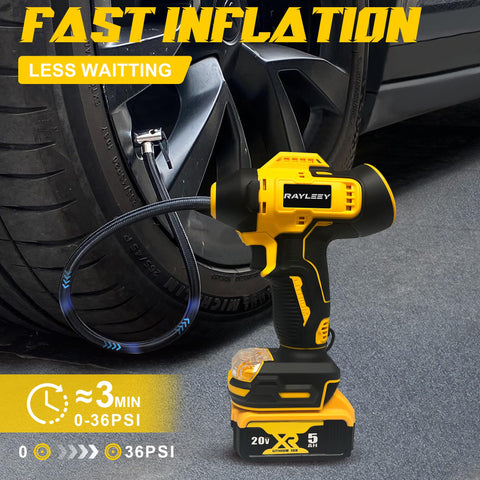 Rayleey cordless inflator works with Dewalt 20V MAX battery system.