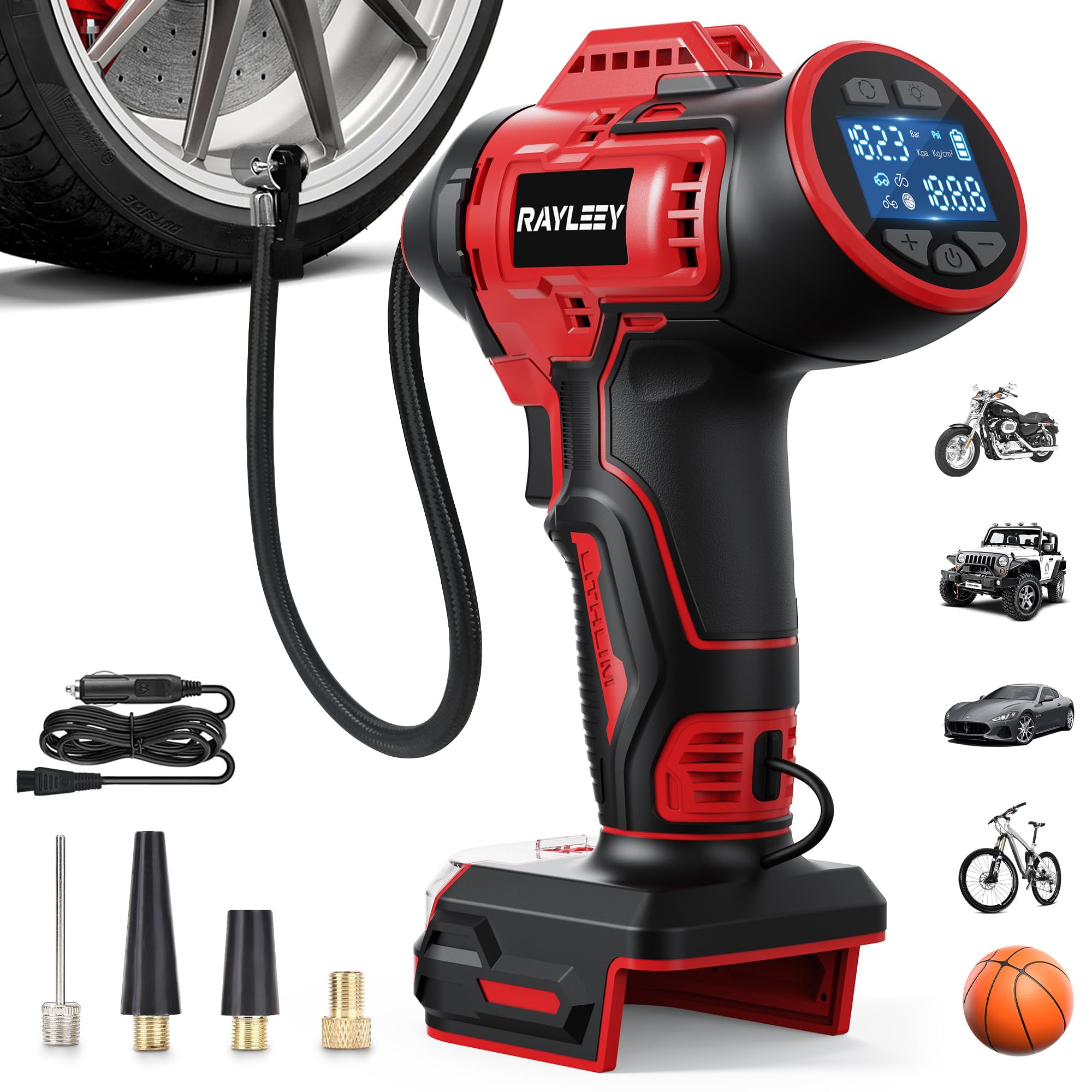 Rayleey tire inflator showing Milwaukee 18V compatibility for cordless inflation