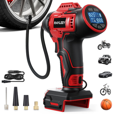 Rayleey tire inflator showing Milwaukee 18V compatibility for cordless inflation
