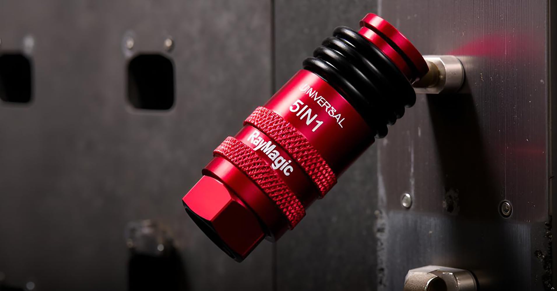 RayMagic red body quick-connect system in use for rapid tool changes.