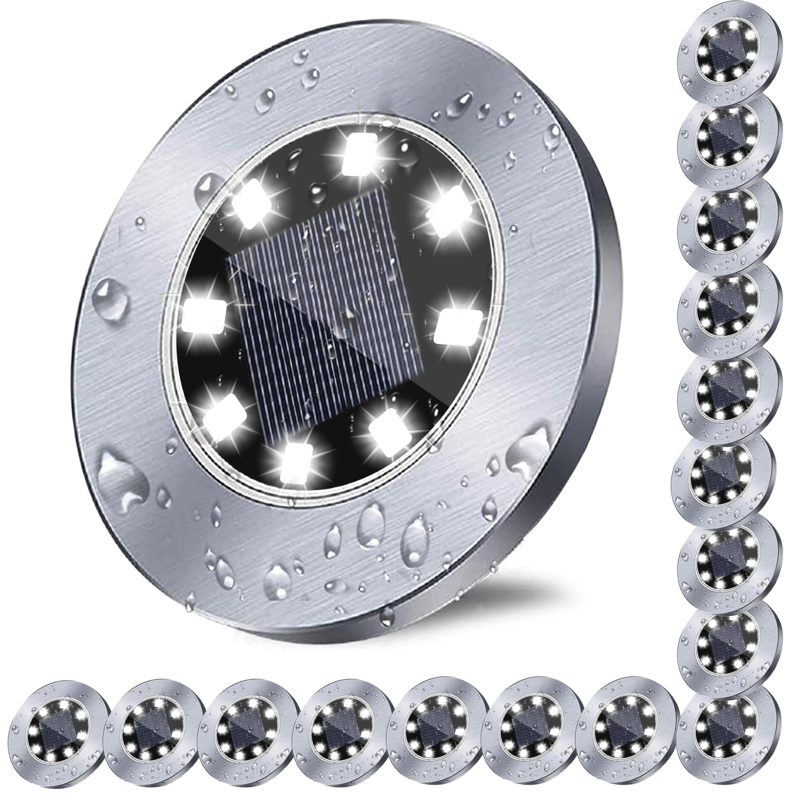 Rayolon solar ground light with 8 LEDs brightening a garden path