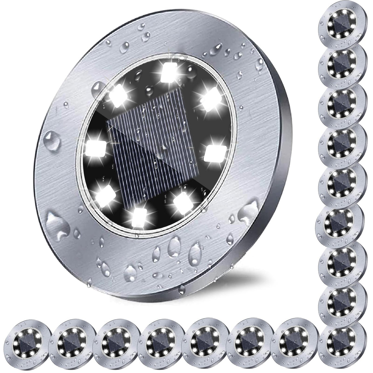 Rayolon solar ground light with 8 LEDs brightening a garden path