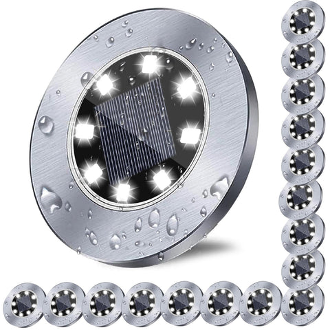 Rayolon solar ground light with 8 LEDs brightening a garden path