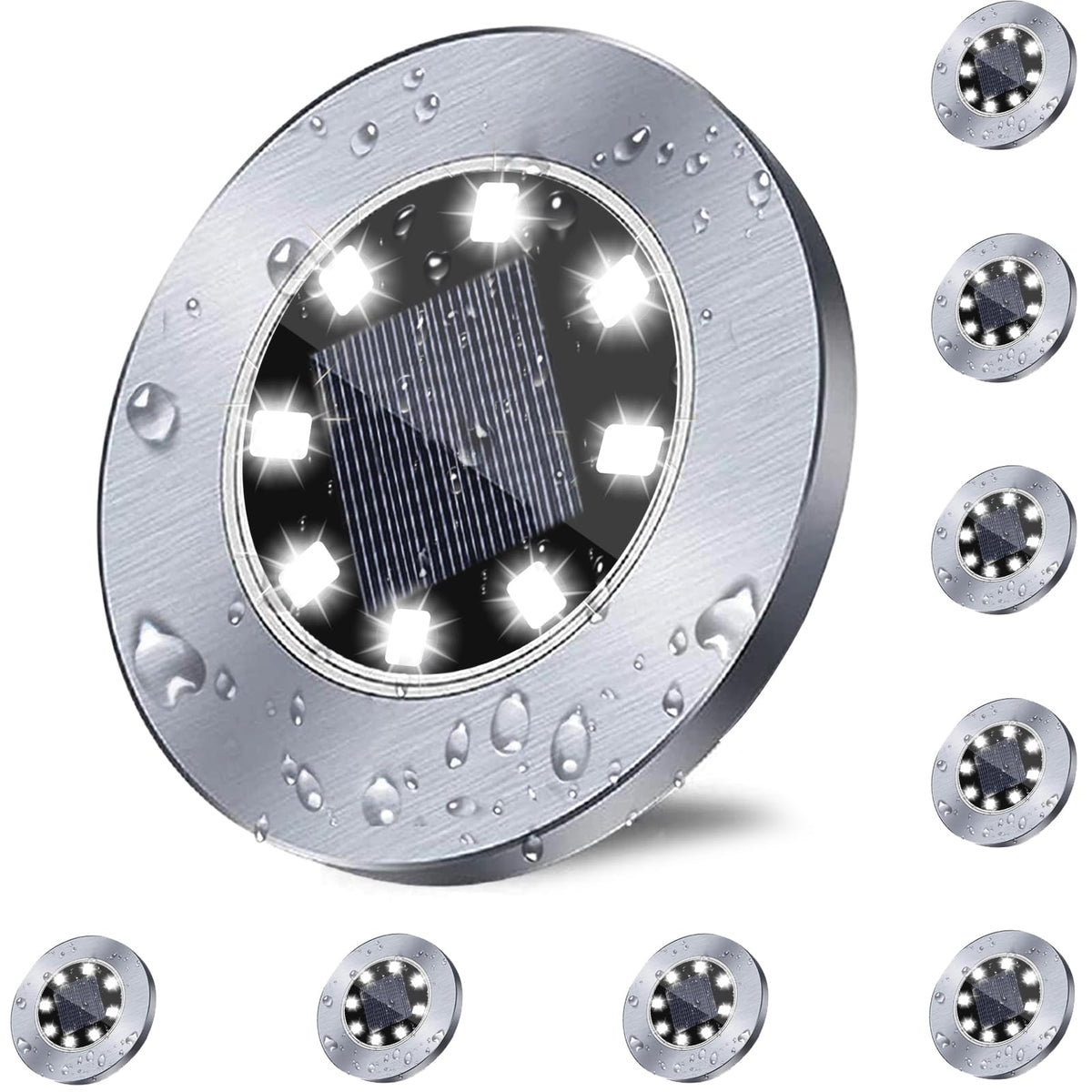 Rayolon 8-LED solar ground light brightening pathways at night.