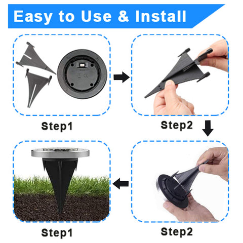 Rayolon solar ground light disk marks lawn borders with warm glow.