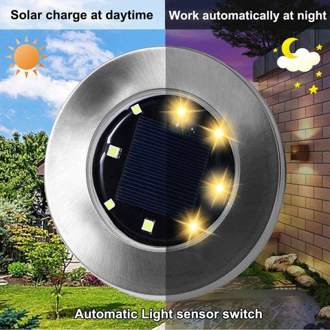 Rayolon solar ground light disk illuminates yard walkways with warm glow.
