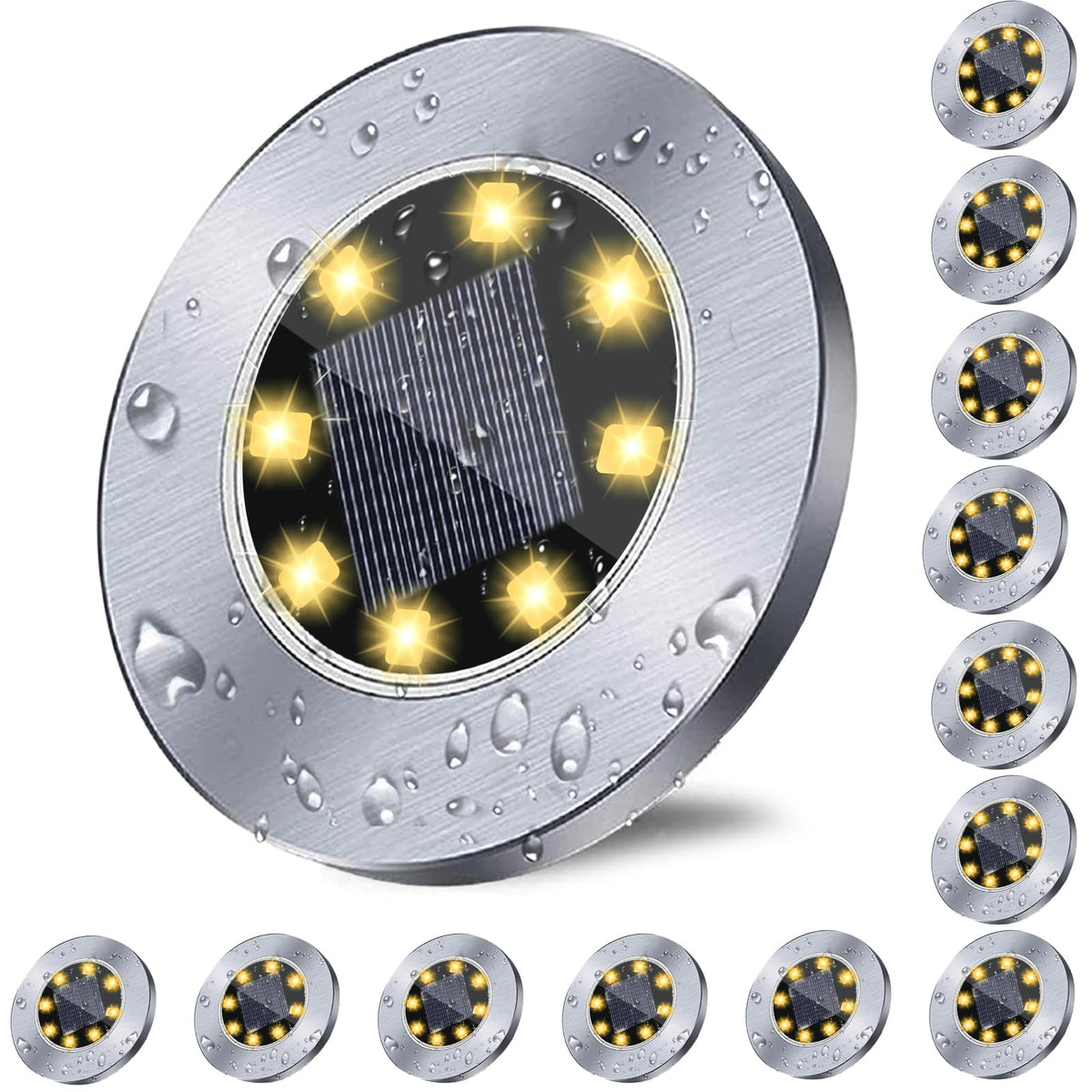 Rayolon solar ground lights illuminate pathways with a warm, wire-free glow.