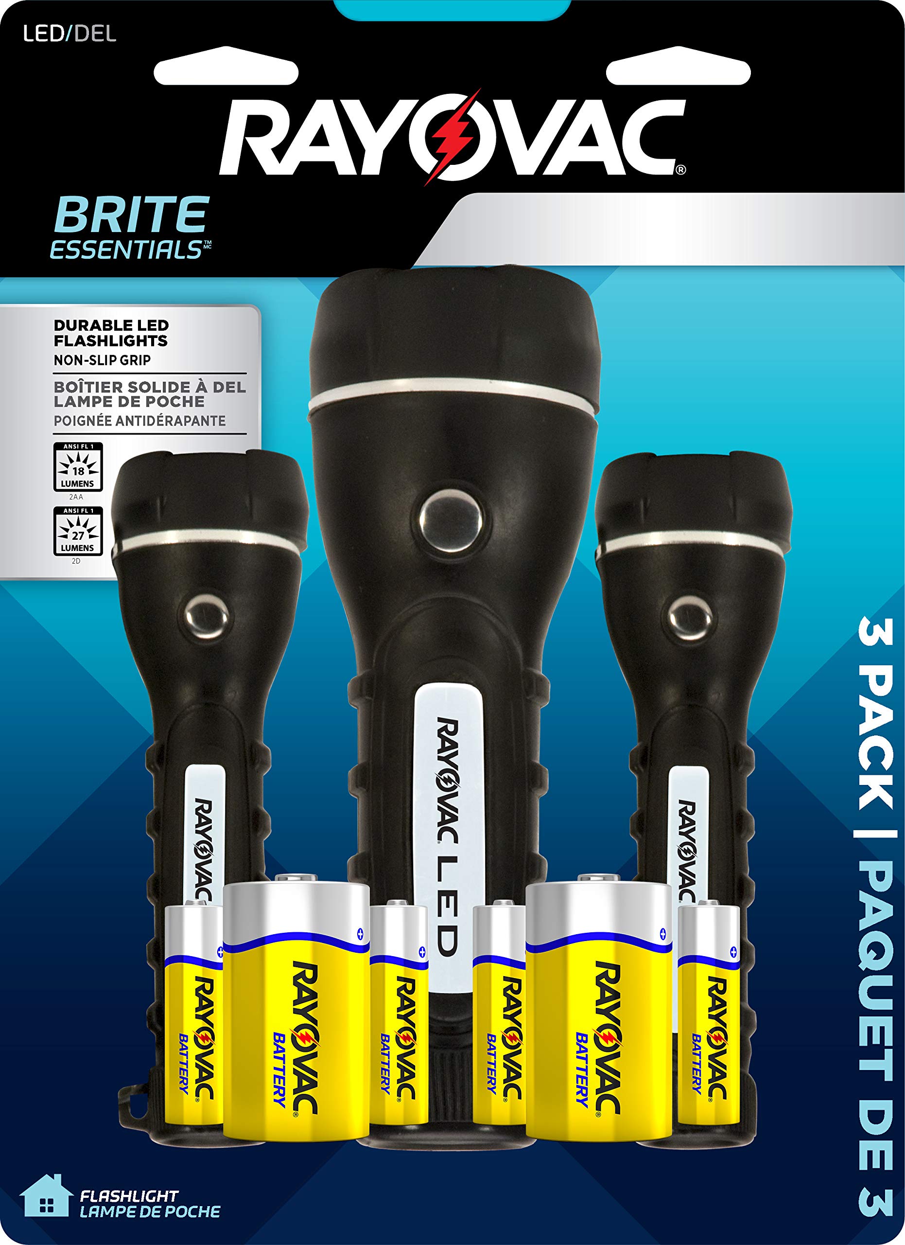 Rayovac LED Flashlight 3-Pack with durable rubber housing for outdoor use