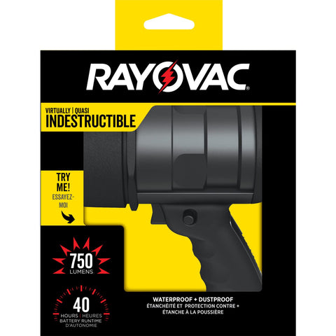 Rayovac spotlight ships with six AA batteries ready to use