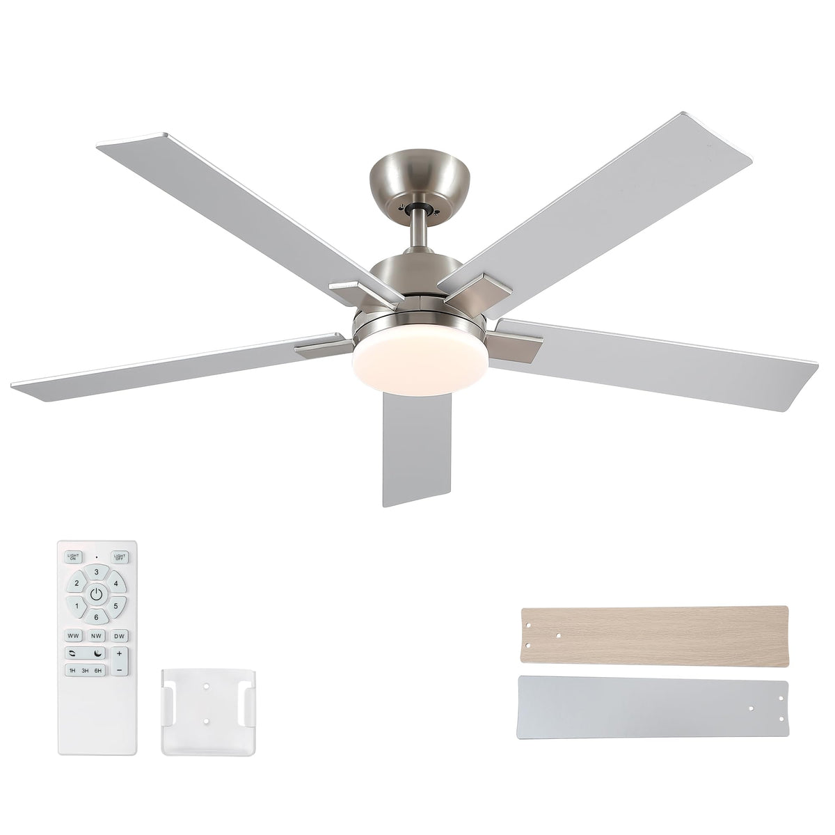 Rayqueen 52-inch ceiling fan with silver and wood blades for versatile modern decor.