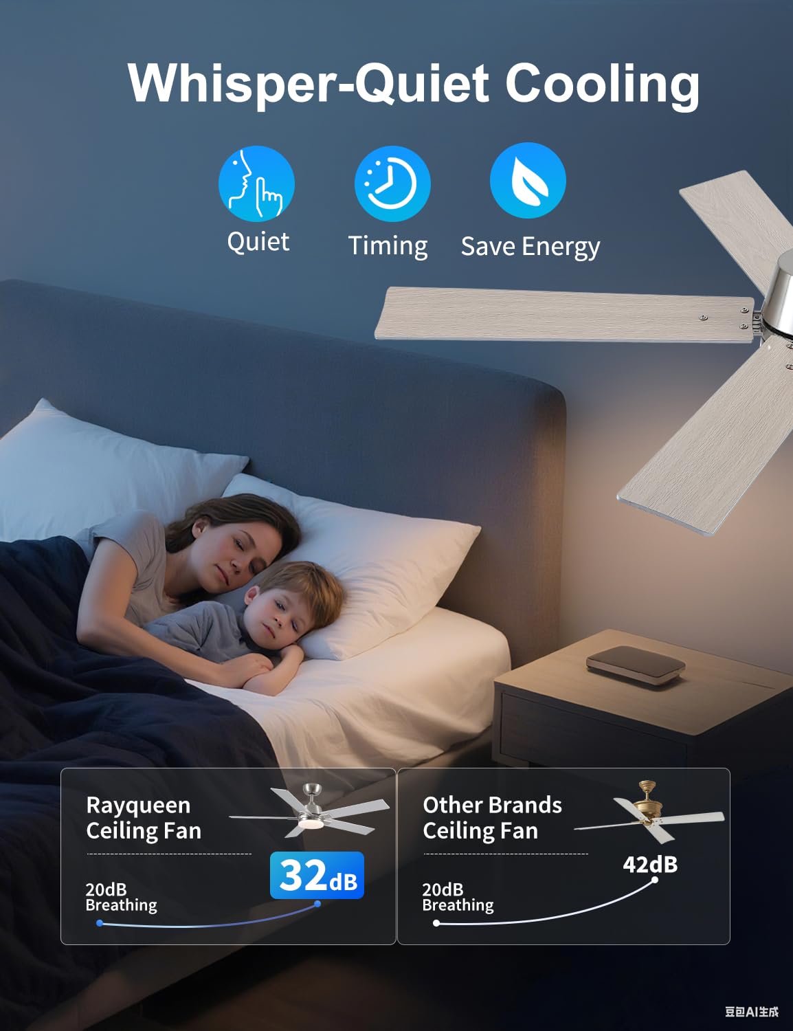 Rayqueen remote control for fan speed, light, temperature, and timer settings.